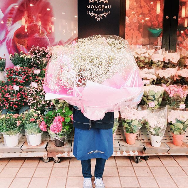 モンソーフルール自由が丘本店です！.豪華に40本のかすみ草を束ねたお客様ご注文分ブーケです.スタッフが隠れてしまうほど大きいです！.ご依頼に応じてお作りいたしますのでご希望の方はスタッフにお申し付けください.#monceaufleurs  #monceau #モンソーフルール #自由が丘 #花 #flowers #flower #花屋 #flowershop #花のある暮らし  #花のある生活  #fleurs  #flowerstagram #flowerdesign  #ブーケ #かすみ草 #かすみ草ブーケ