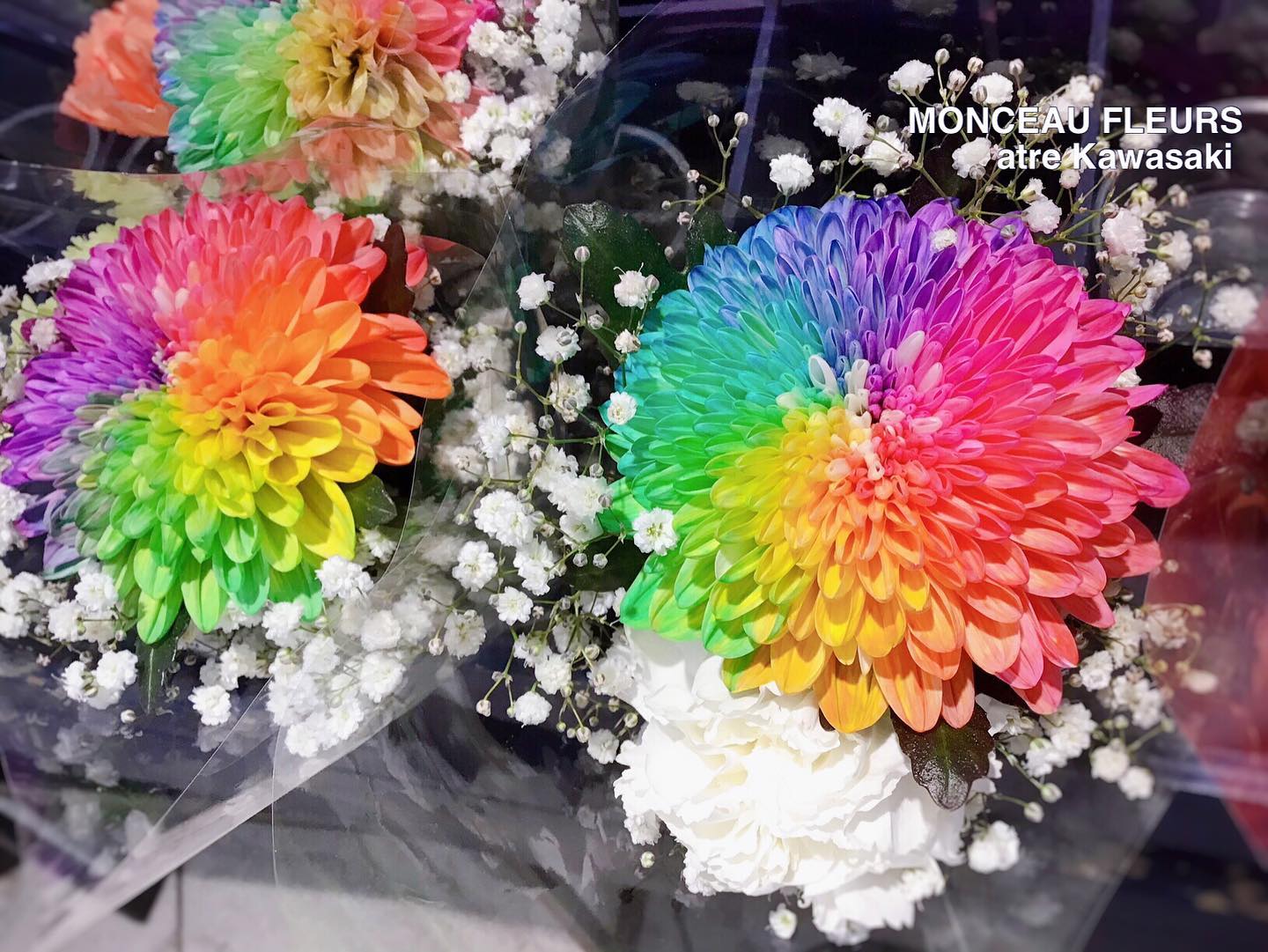 店頭定番で並ぶ
"ミニブーケ"♪

価格帯別に色々な種類が並ぶ中で、
今週末は、"レインボーマム"のミニブーケが並んでいます
^_^！！

珍しい『虹色のお花』♪
白い菊のお花に特別な加工を施したものですよ！

「一度、飾ってみたい。」と思って下っているお客様にも
"ミニブーケ"なので、お気軽にお試し頂けますね！！

もともと菊のお花ですので、花持ちも良好！
ご自宅用にもプレゼント用にもオススメです^_^

この機会に是非♪カラフルな虹色のお花で
ハッピーな雰囲気をお楽しみ下さい！

スタッフ一同、お客様のご来店を
心よりお待ちしております！

#パリ

お気軽にお問い合わせください♪
★★★★★★★★★★★★★★★
【モンソーフルール アトレ川崎店】
〒210-0007
神奈川県川崎市川崎区駅前本町26-1
アトレ川崎1F
TEL&FAX:044-200-6701
営業時間:10:00〜20:00
（まん延防止措置の為、時短営業中です。）
★★★★★★★★★★★★★★★
モンソーフルールはパリ発！
ヨーロッパ有数のフラワーチェーンブランドです♪